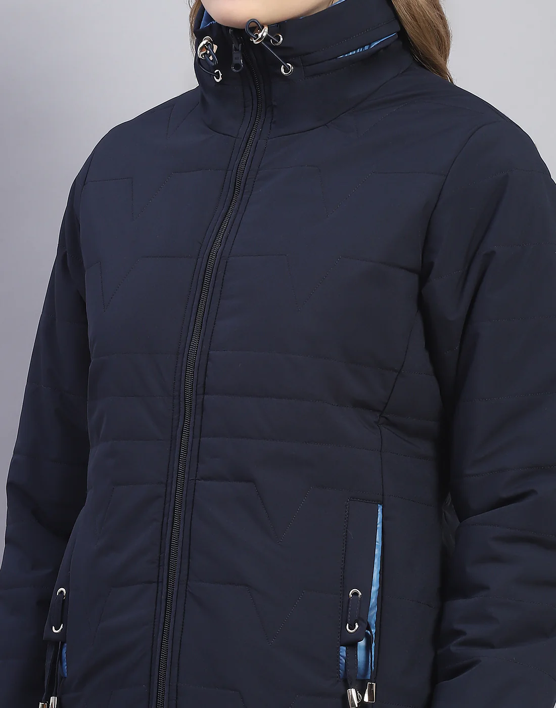 Women Navy Blue Solid Stand Collar Full Sleeve Jacket - Image 10