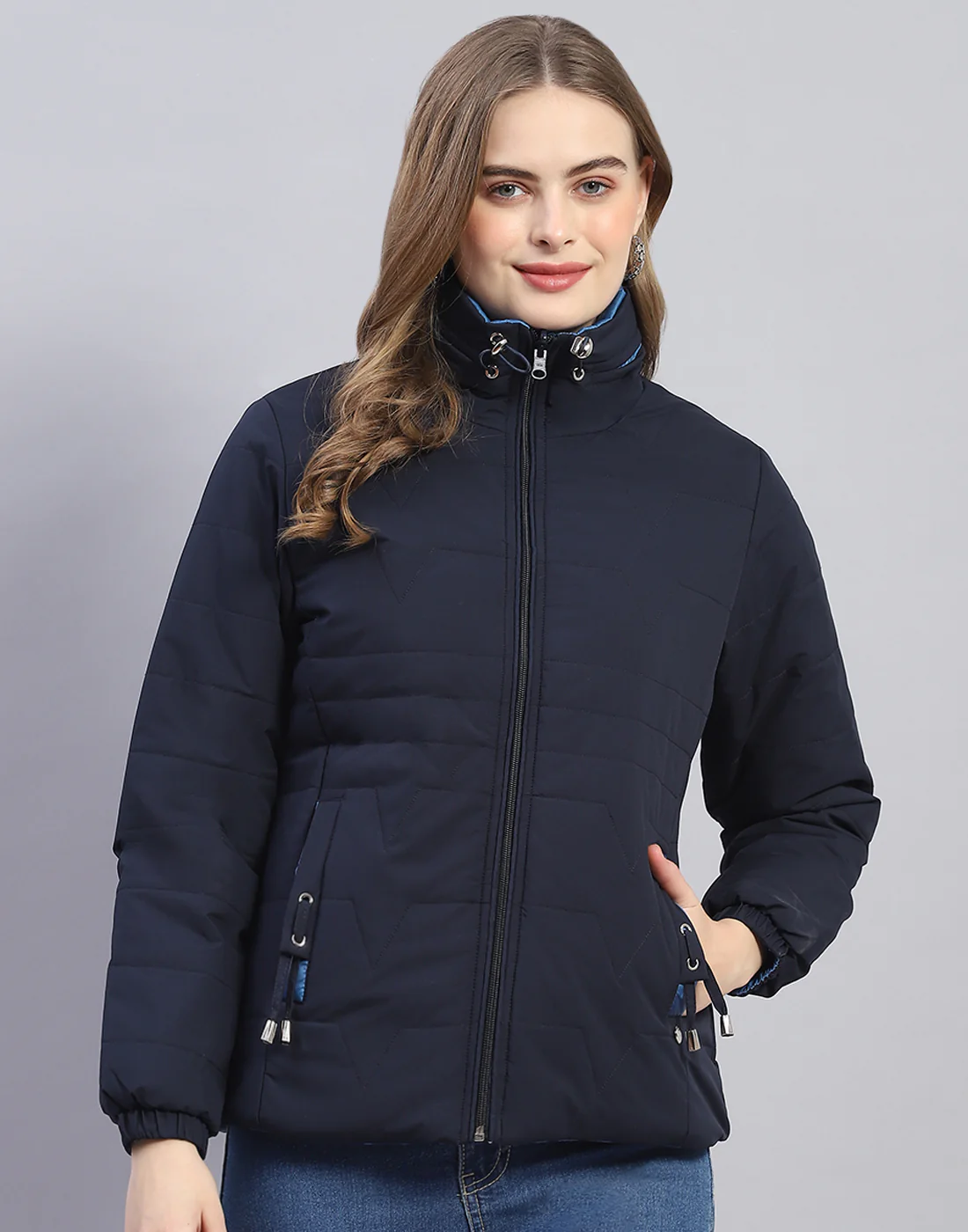 Women Navy Blue Solid Stand Collar Full Sleeve Jacket - Image 2