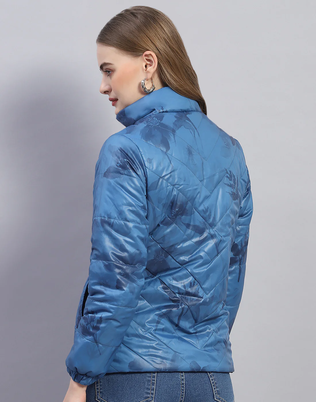 Women Navy Blue Solid Stand Collar Full Sleeve Jacket - Image 8