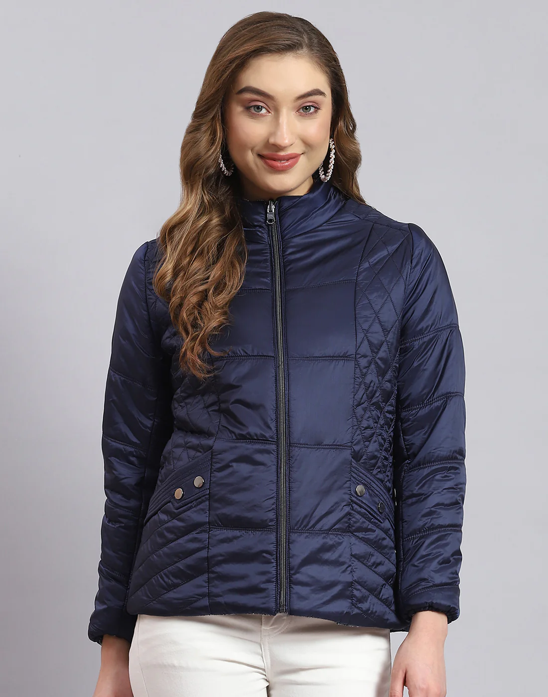 Women Navy Blue Solid Stand Collar Full Sleeve Jacket - Image 2