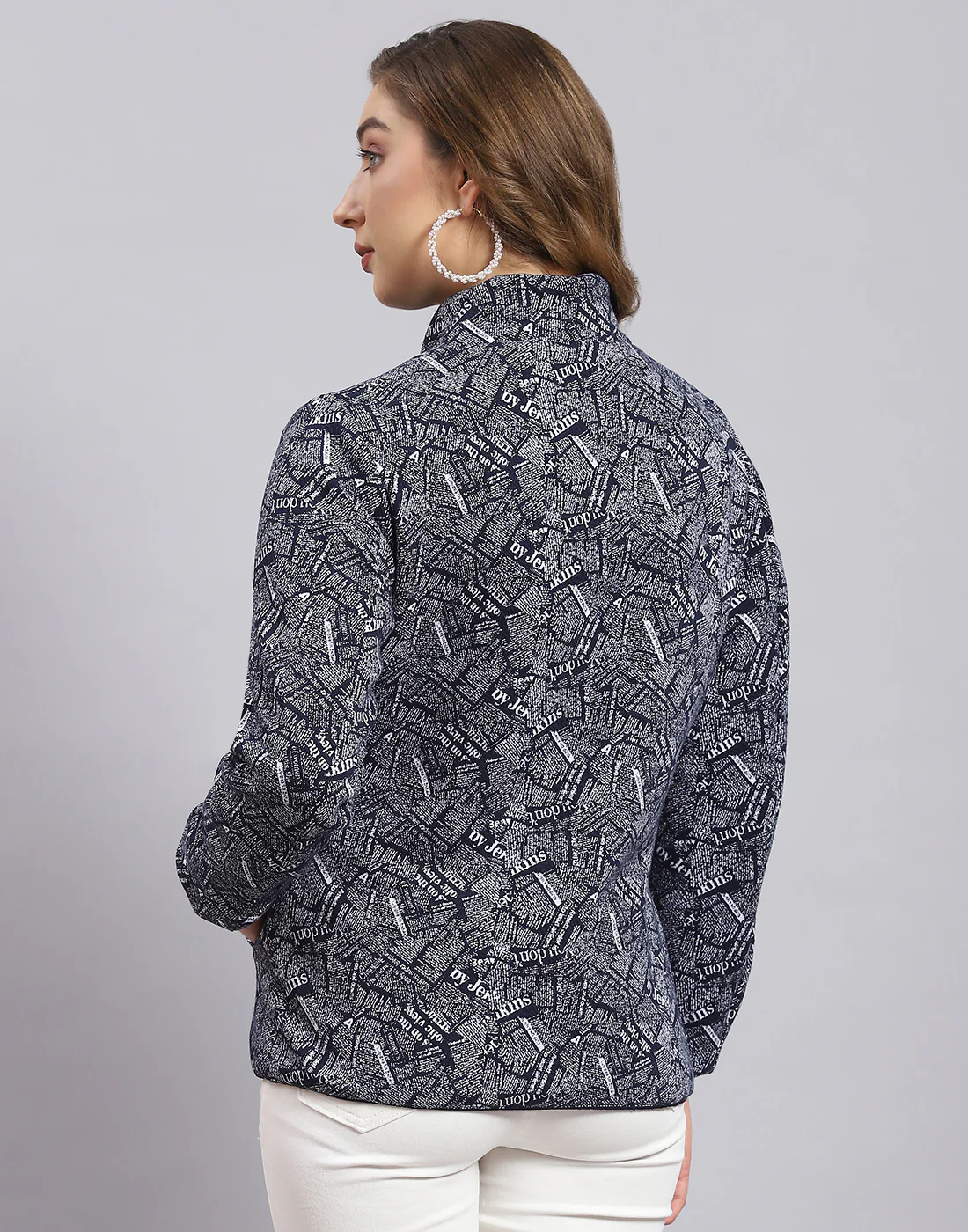 Women Navy Blue Solid Stand Collar Full Sleeve Jacket - Image 8