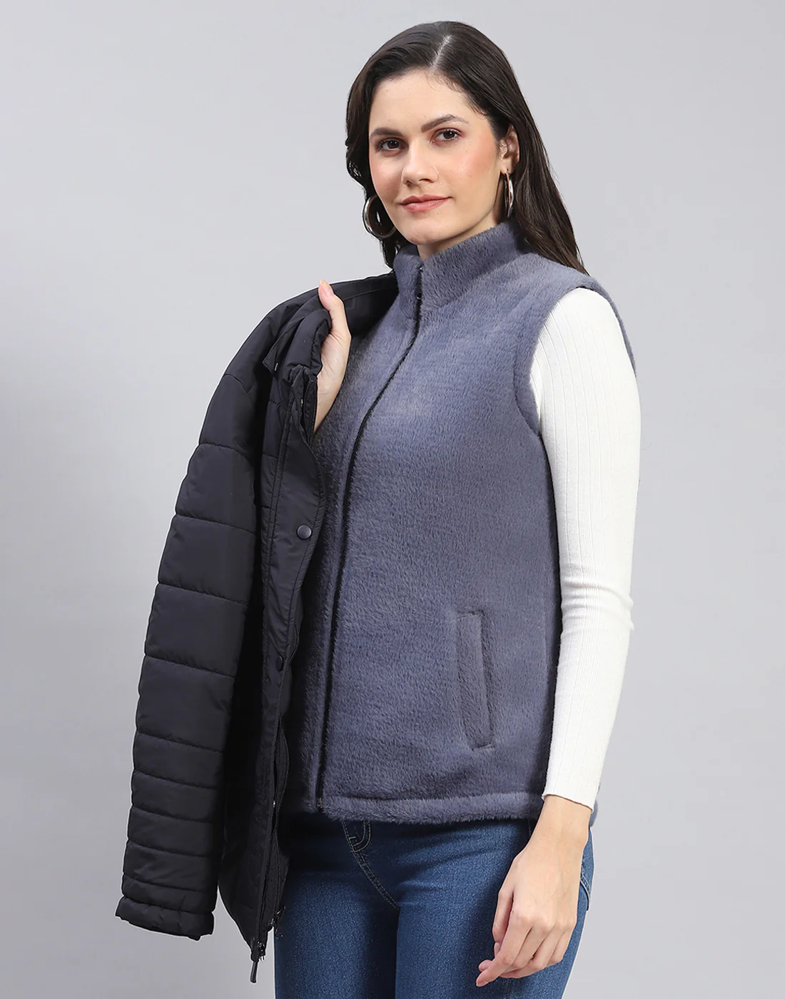 Women Navy Blue Solid Stand Collar Full Sleeve Jacket - Image 11