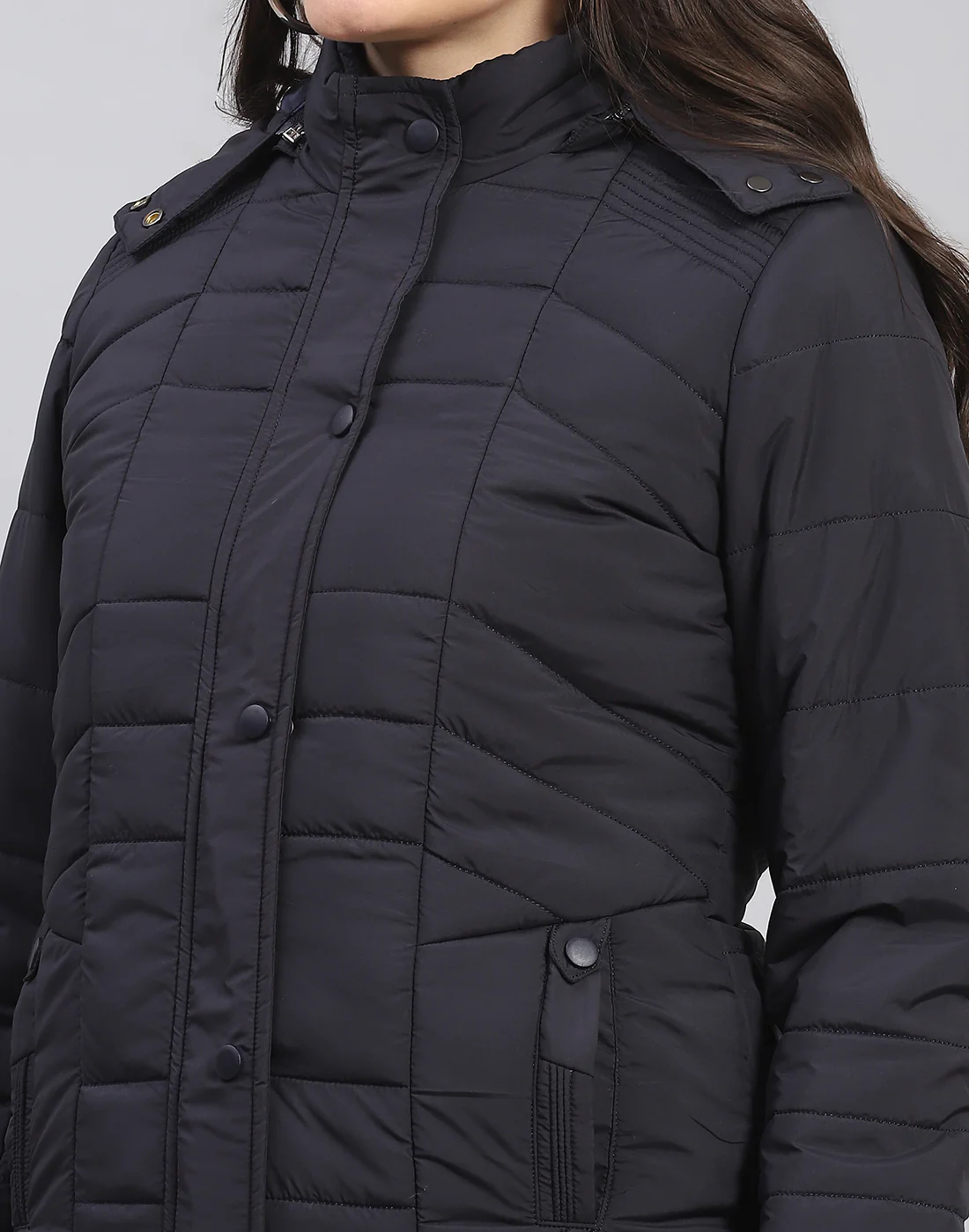 Women Navy Blue Solid Stand Collar Full Sleeve Jacket - Image 12