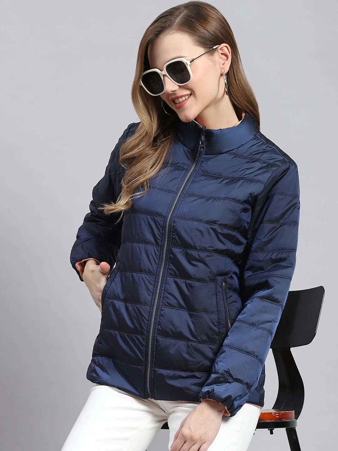 Women Navy Blue Solid Stand Collar Full Sleeve Jackets - Image 3