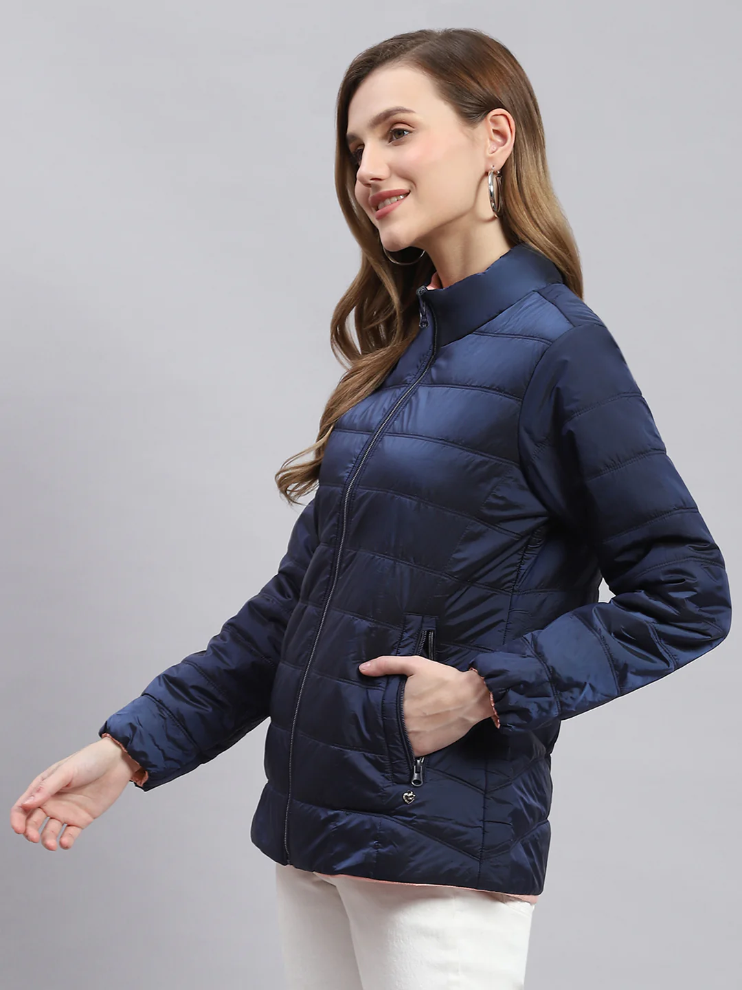Women Navy Blue Solid Stand Collar Full Sleeve Jackets - Image 5