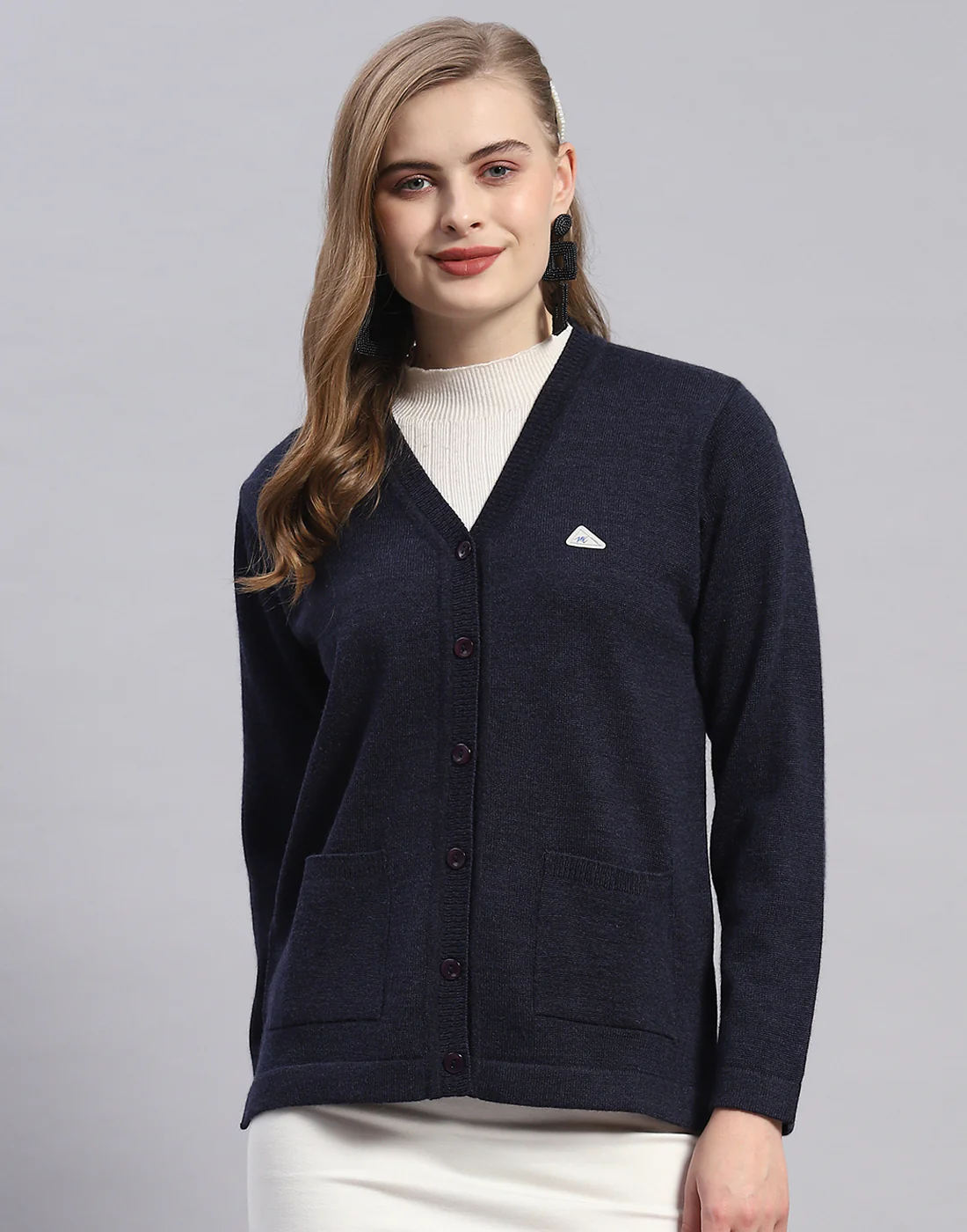 Women Navy Blue Solid V Neck Full Sleeve Cardigan - Image 2