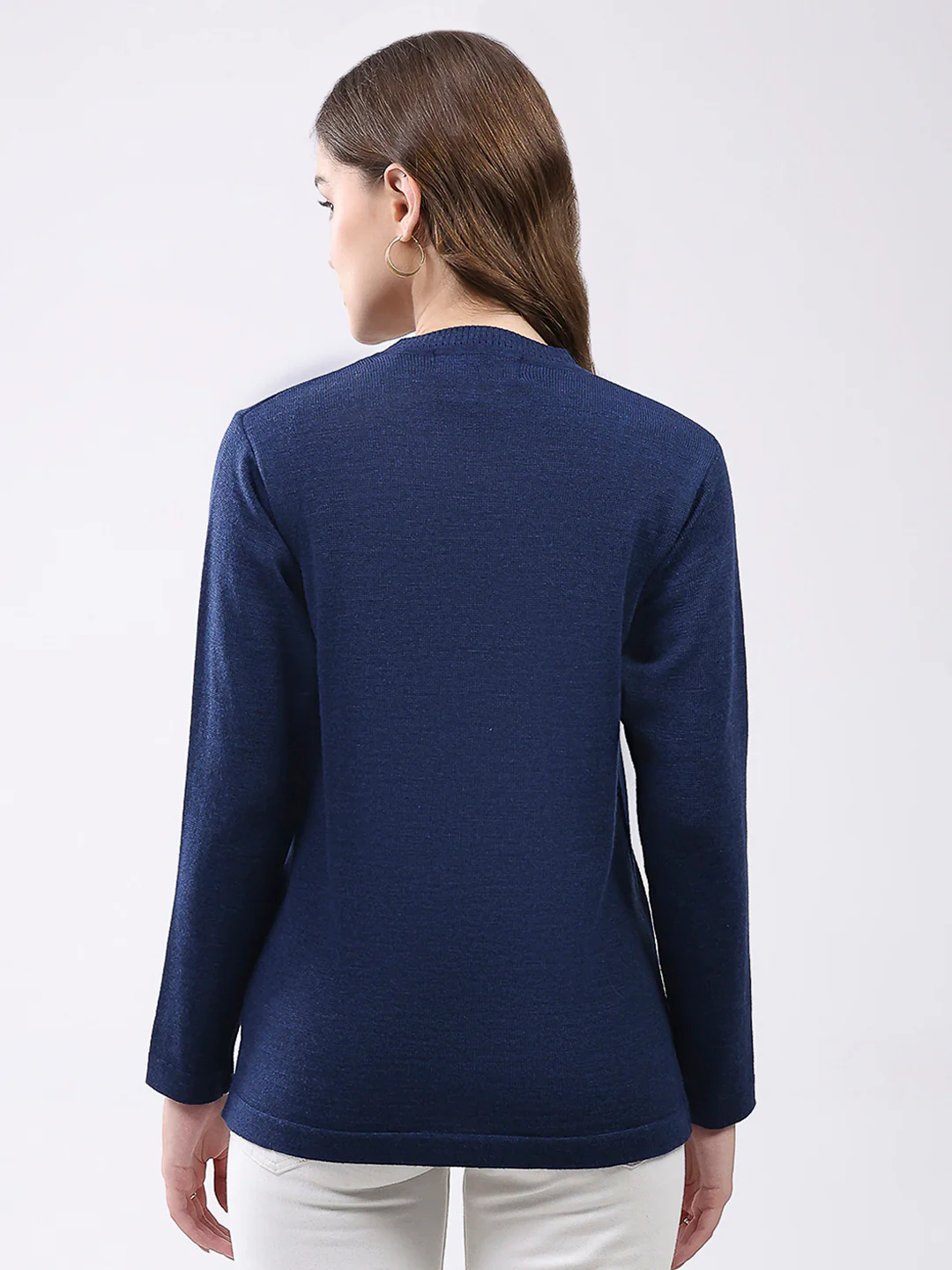 Women Navy Blue Solid V Neck Full Sleeve Cardigan - Image 5