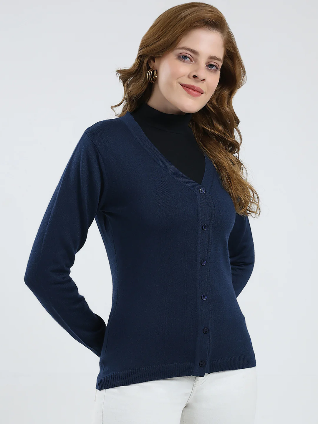 Women Navy Blue Solid V Neck Full Sleeve Cardigan - Image 4