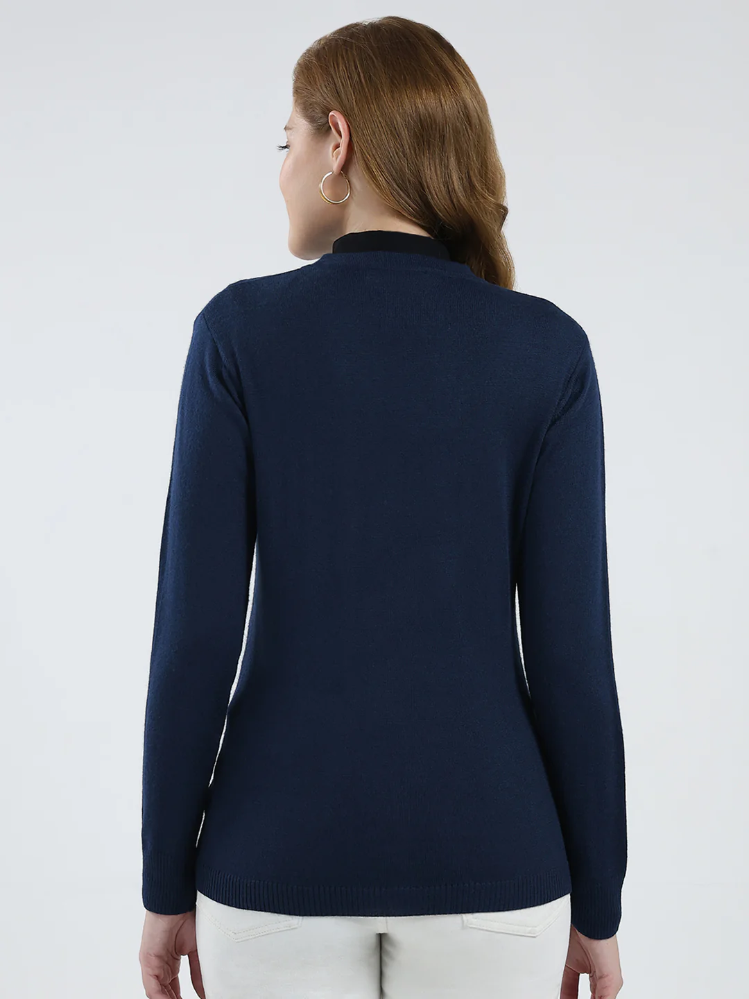 Women Navy Blue Solid V Neck Full Sleeve Cardigan - Image 5