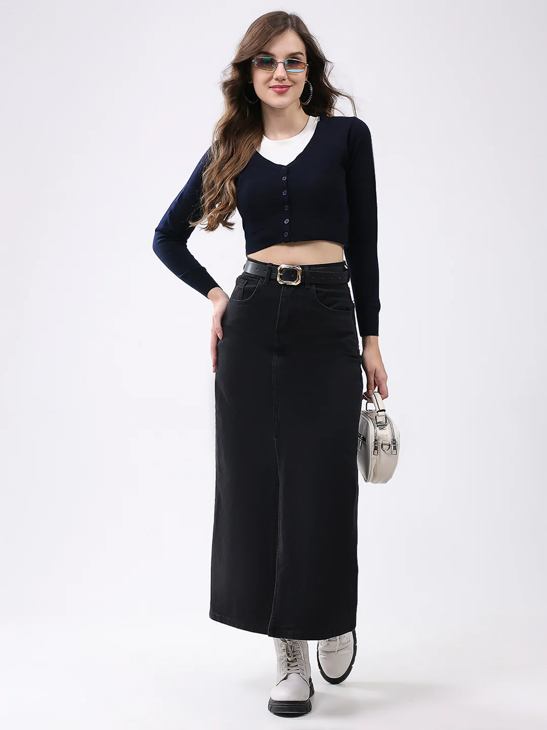 Women Navy Blue Solid V Neck Full Sleeve Cardigan - Image 2