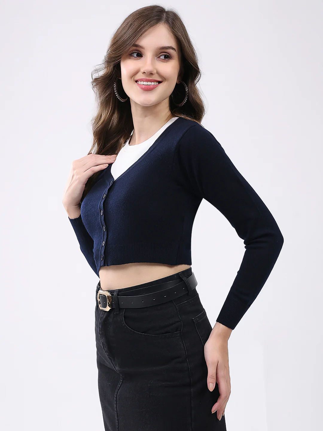 Women Navy Blue Solid V Neck Full Sleeve Cardigan - Image 3