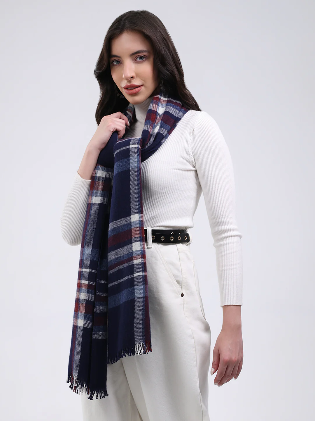 Women Navy Blue Solid Wool Blend Stole - Image 3