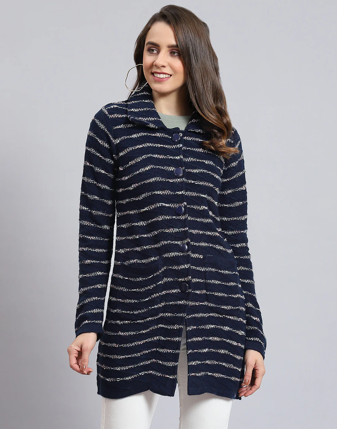 Women Navy Blue Stripe Collar Full Sleeve Cardigan - Image 3