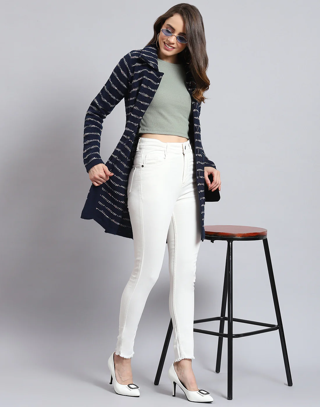 Women Navy Blue Stripe Collar Full Sleeve Cardigan - Image 7