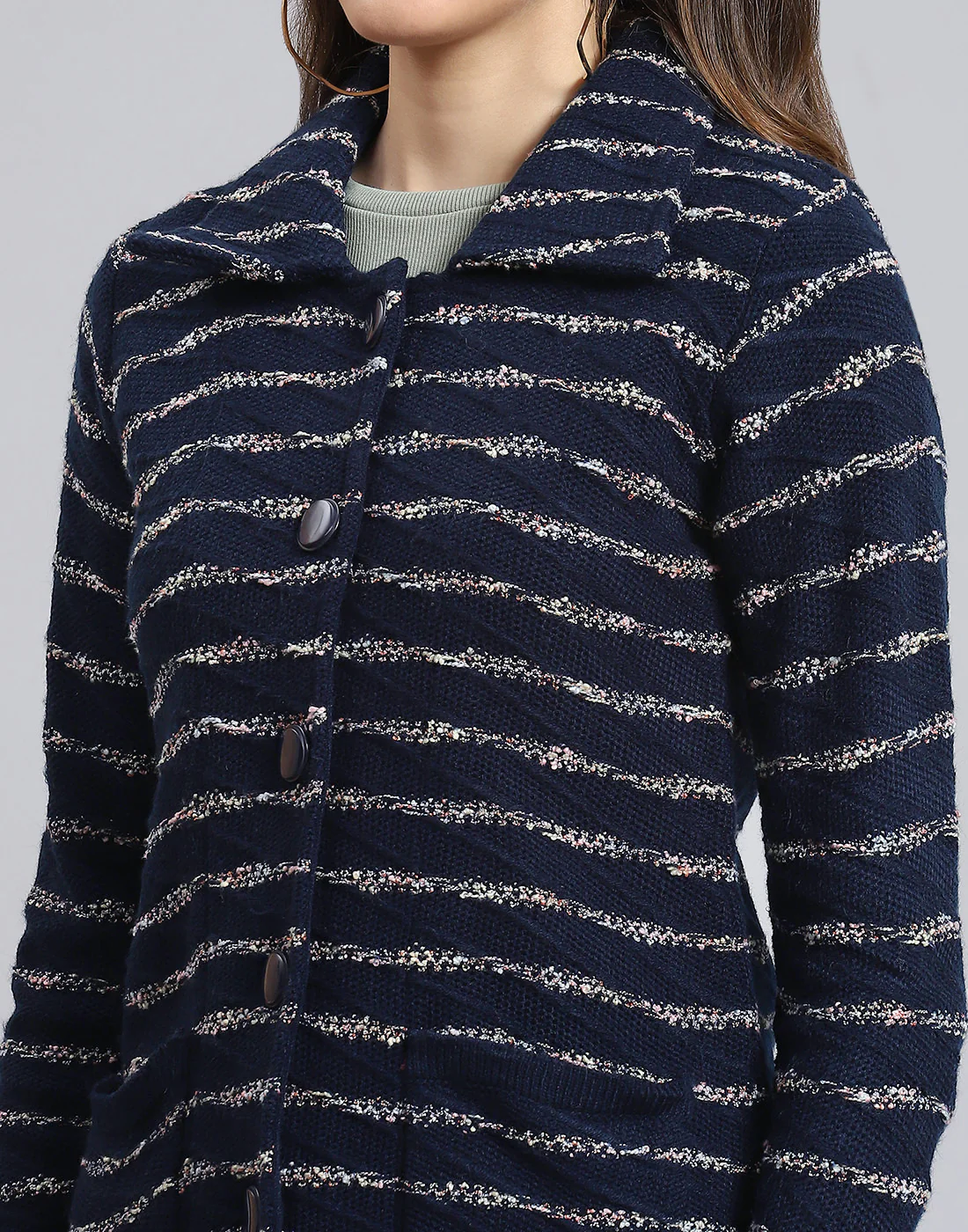 Women Navy Blue Stripe Collar Full Sleeve Cardigan - Image 8