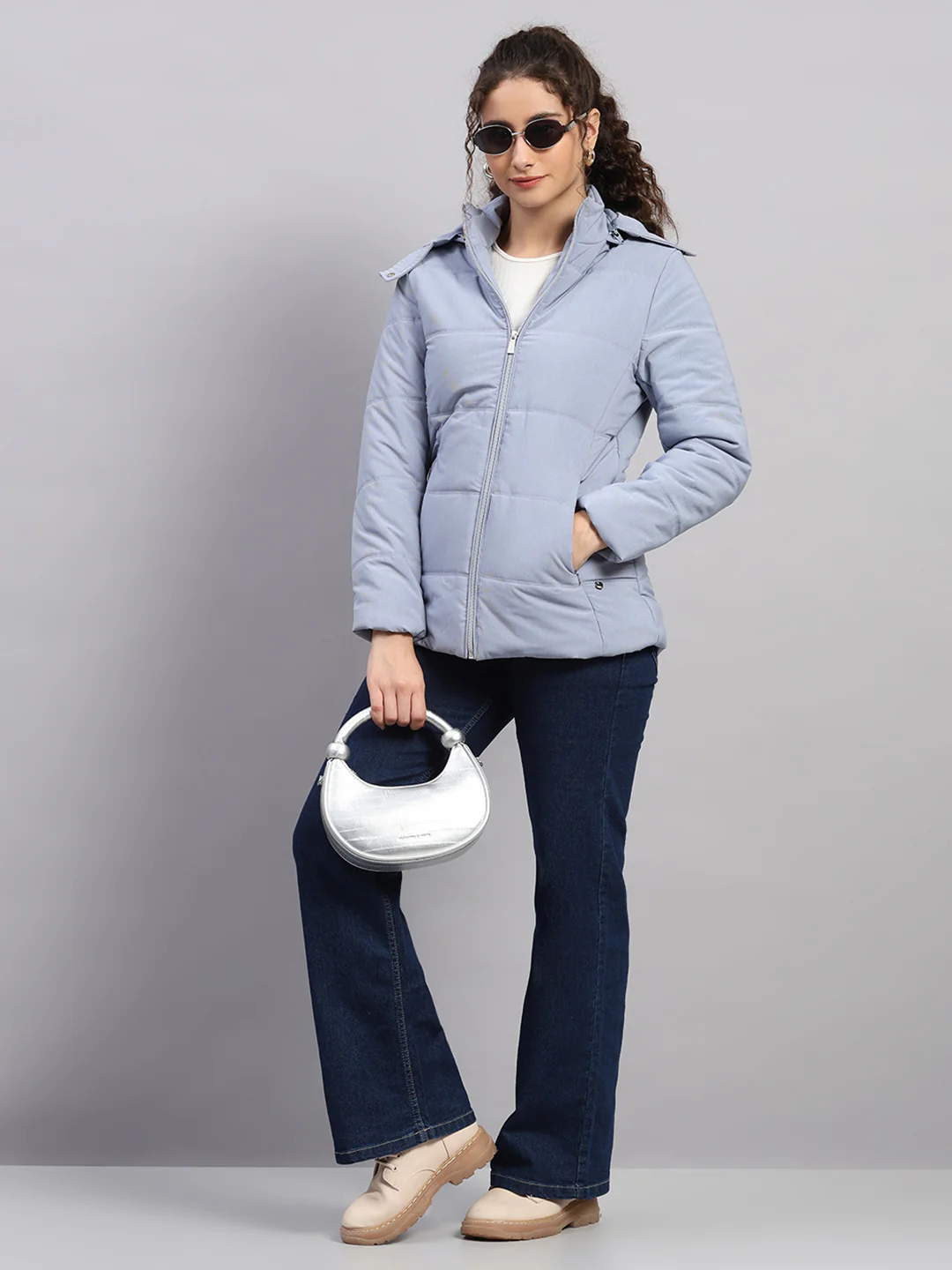 Women Navy Blue Stripe Hooded Full Sleeve Jacket - Image 2