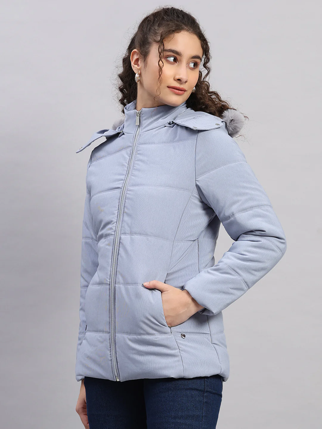 Women Navy Blue Stripe Hooded Full Sleeve Jacket - Image 3