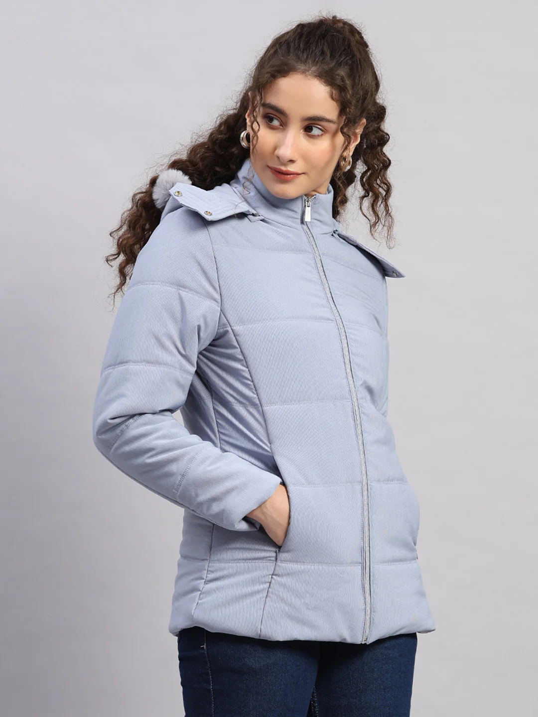 Women Navy Blue Stripe Hooded Full Sleeve Jacket - Image 4