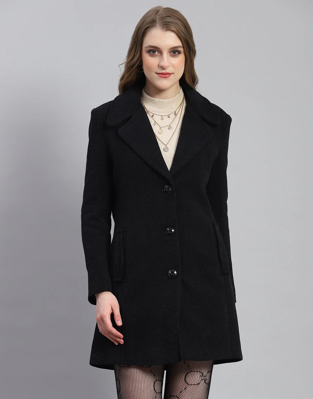 Women Navy Blue Stripe Lapel Collar Full Sleeve Coat - Image 2
