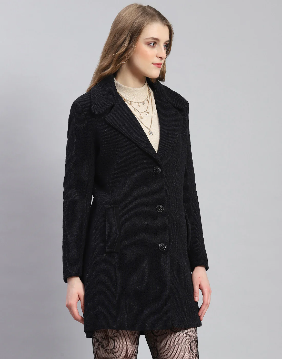 Women Navy Blue Stripe Lapel Collar Full Sleeve Coat - Image 4