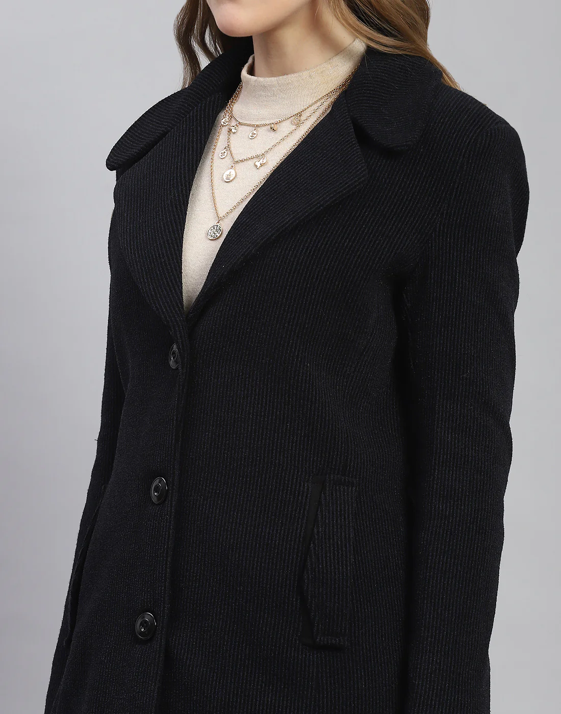 Women Navy Blue Stripe Lapel Collar Full Sleeve Coat - Image 6