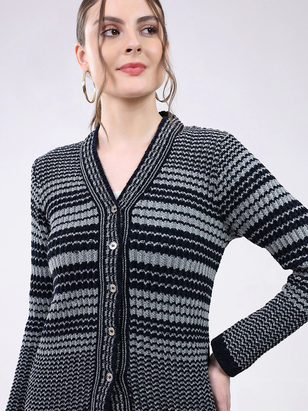 Women Navy Blue Stripe V Neck Full Sleeve Cardigan - Image 6