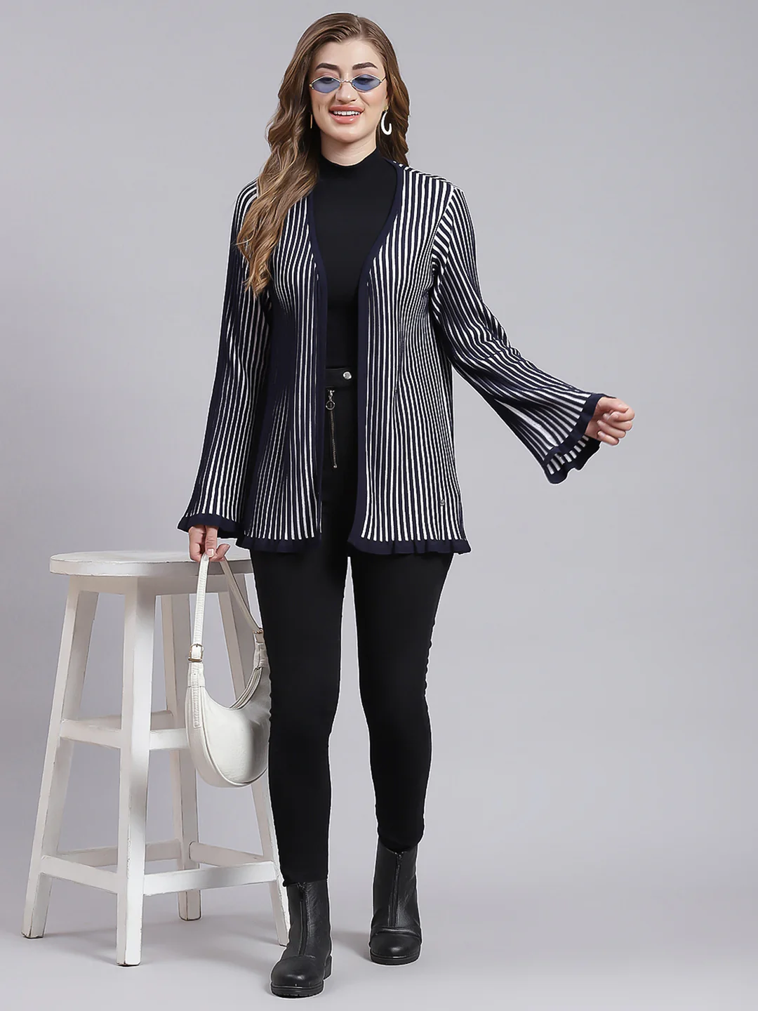 Women Navy Blue Stripe Wool blend Cardigan - Image 2