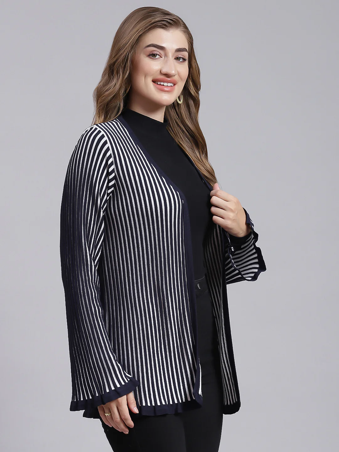 Women Navy Blue Stripe Wool blend Cardigan - Image 3