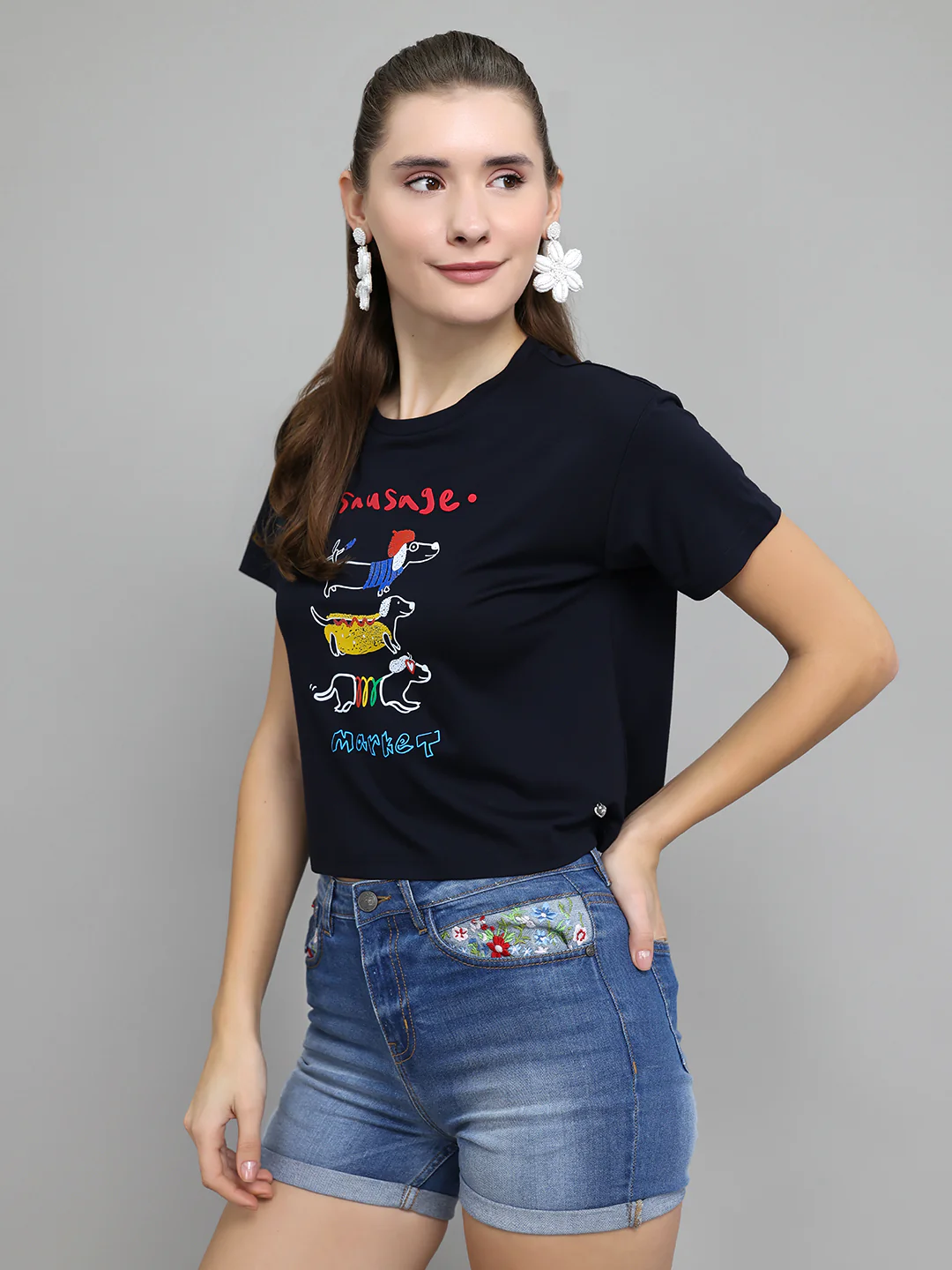 Women Navy Blue Typographic Round Neck Half Sleeve Top - Image 2
