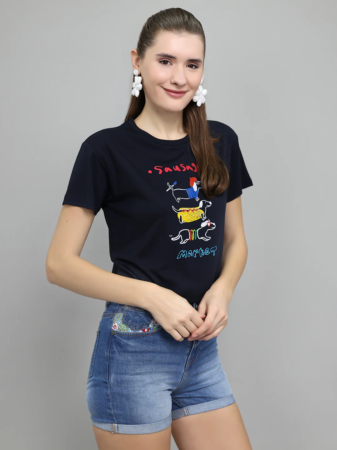 Women Navy Blue Typographic Round Neck Half Sleeve Top - Image 3