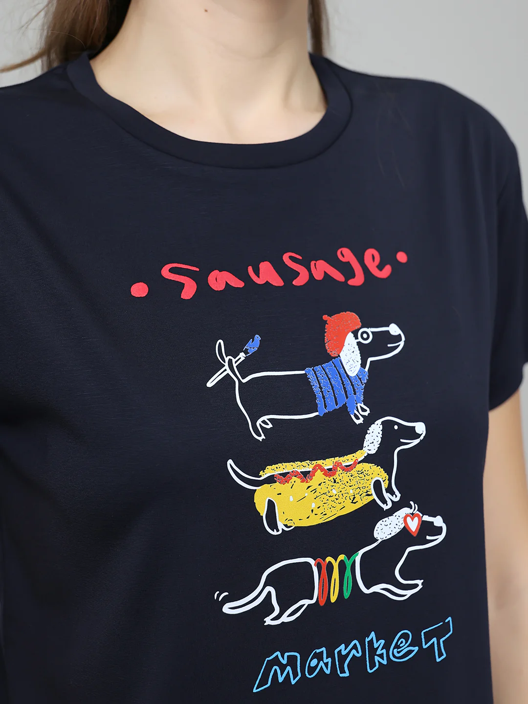 Women Navy Blue Typographic Round Neck Half Sleeve Top - Image 5