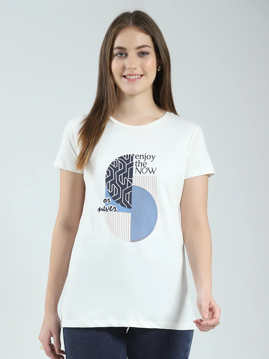 Women Off White & Blue Printed Round Neck Half Sleeve Top (Pack of 2) - Image 3