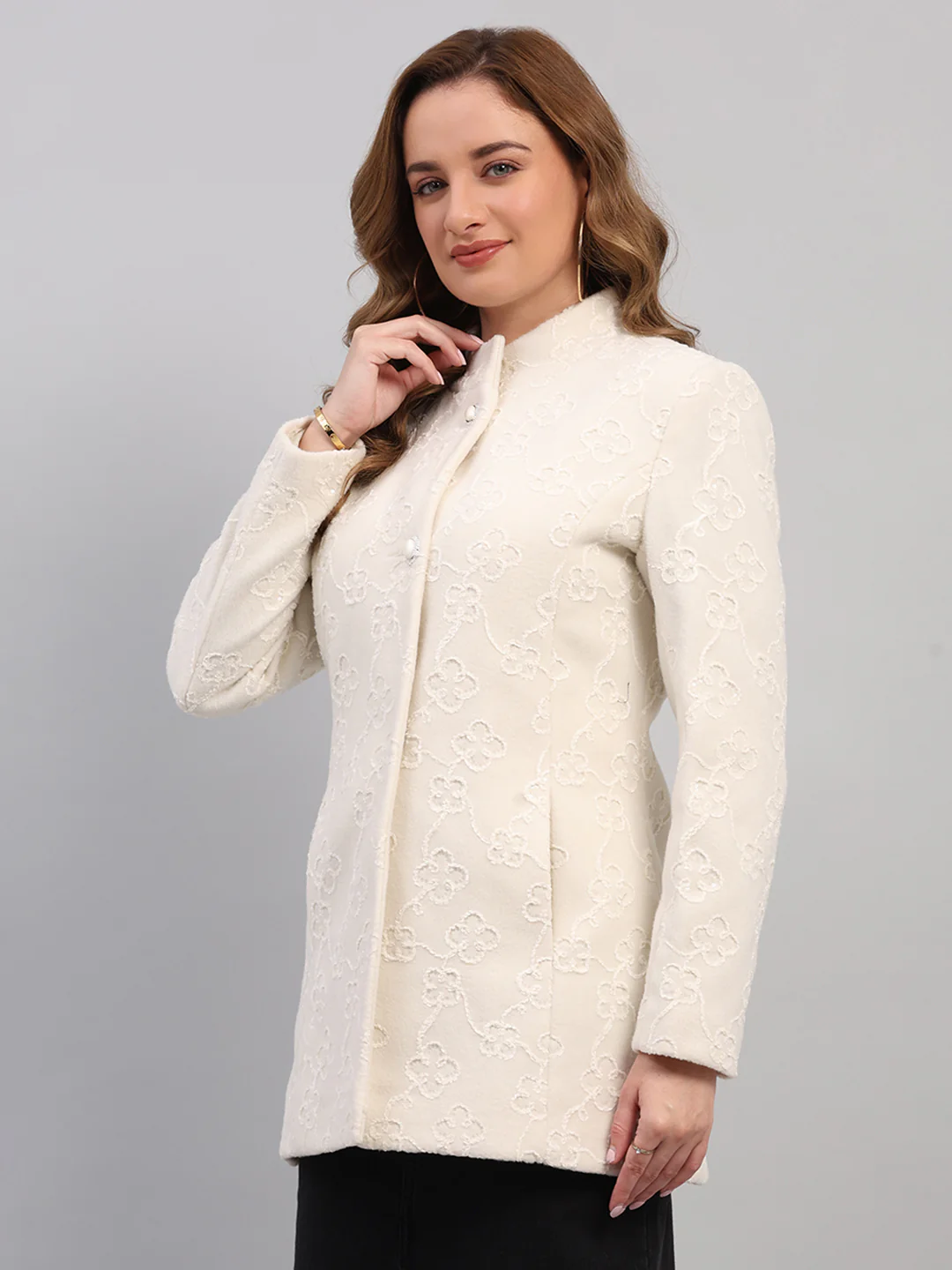Women Off White Embroidered Collar Full Sleeve Coat - Image 3