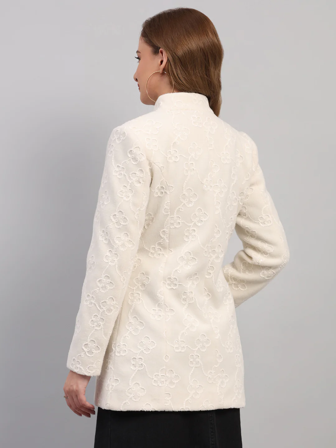 Women Off White Embroidered Collar Full Sleeve Coat - Image 5