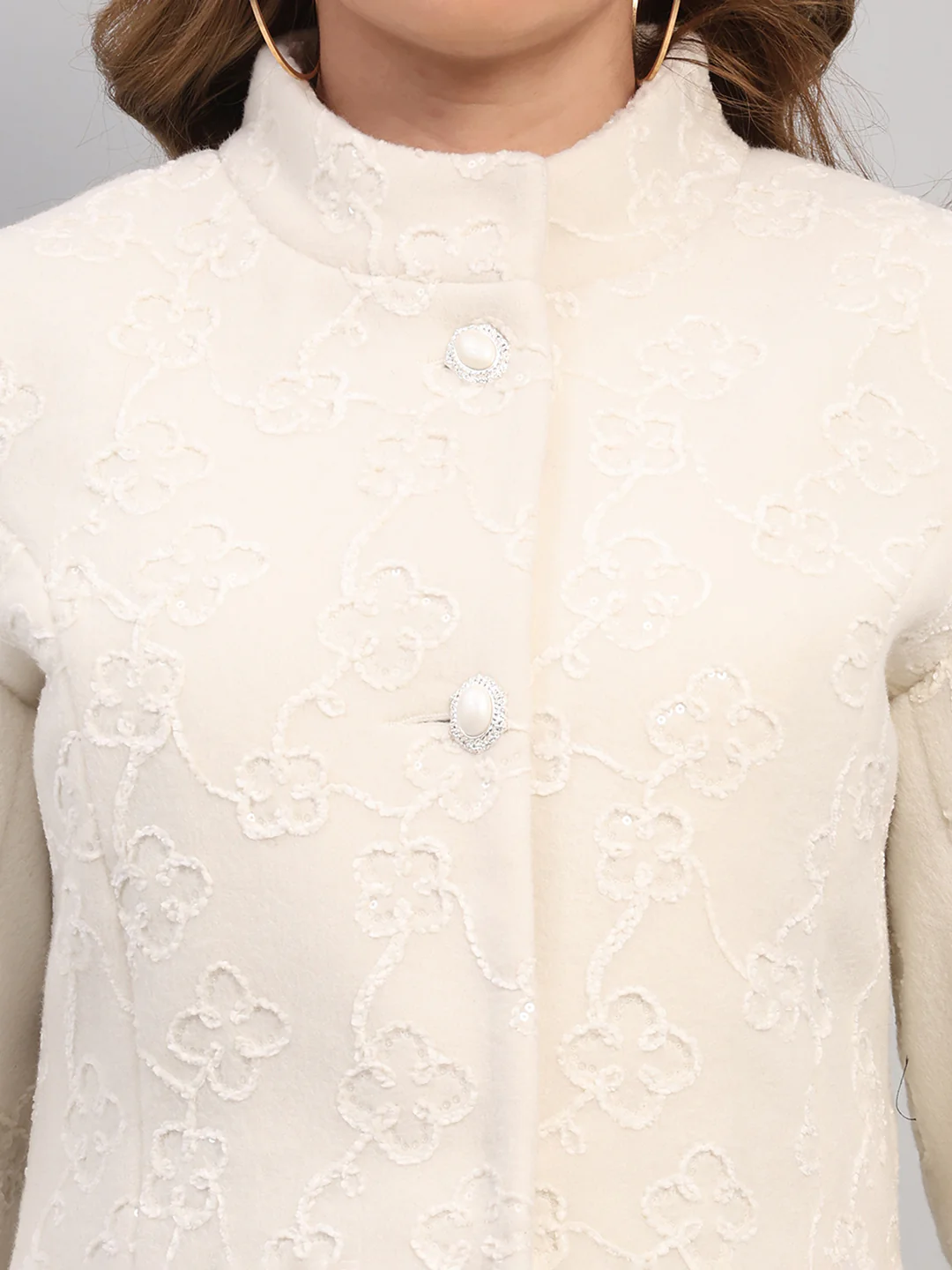 Women Off White Embroidered Collar Full Sleeve Coat - Image 6