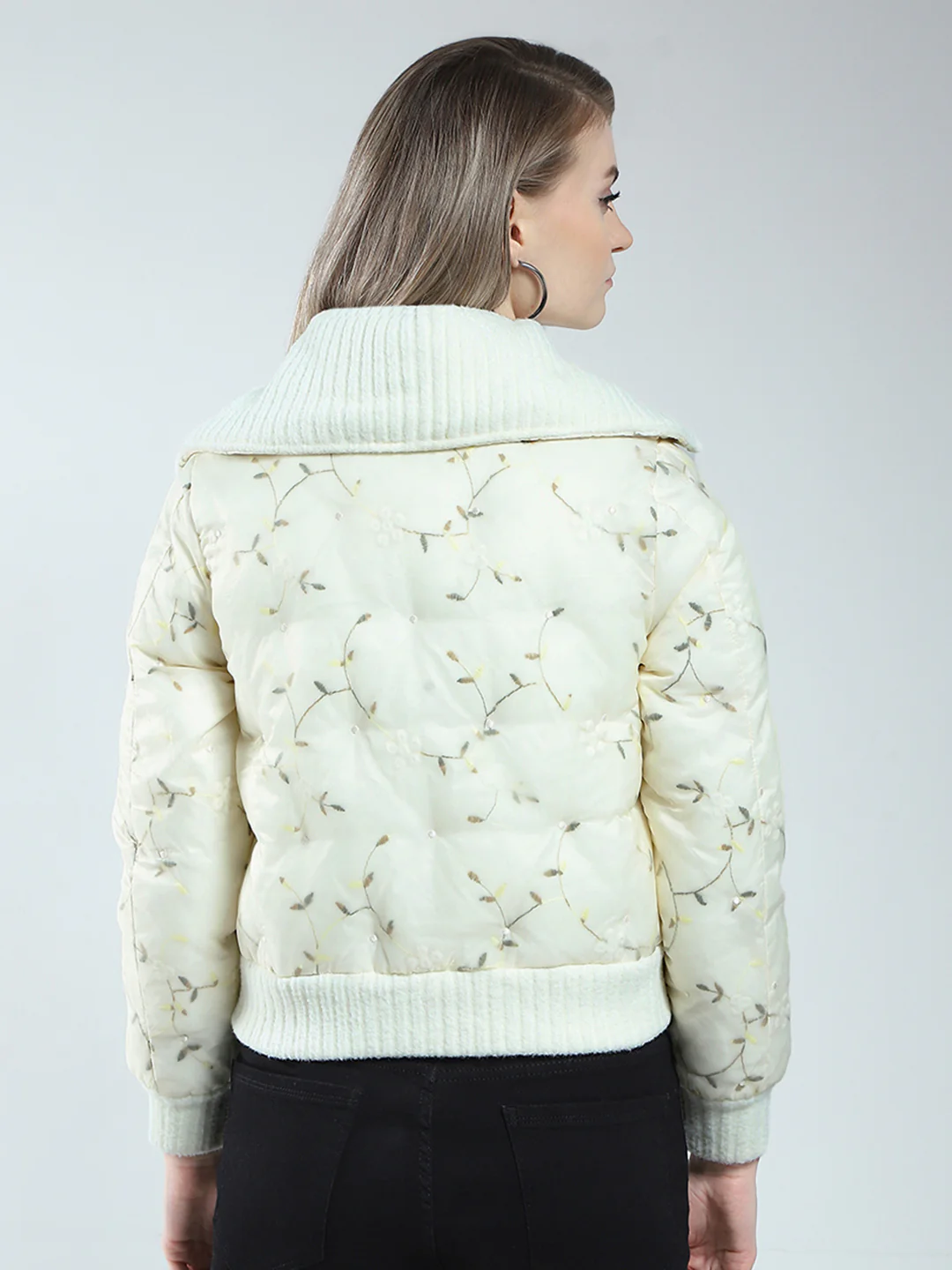 Women Off White Embroidered Collar Full Sleeve Jacket - Image 5