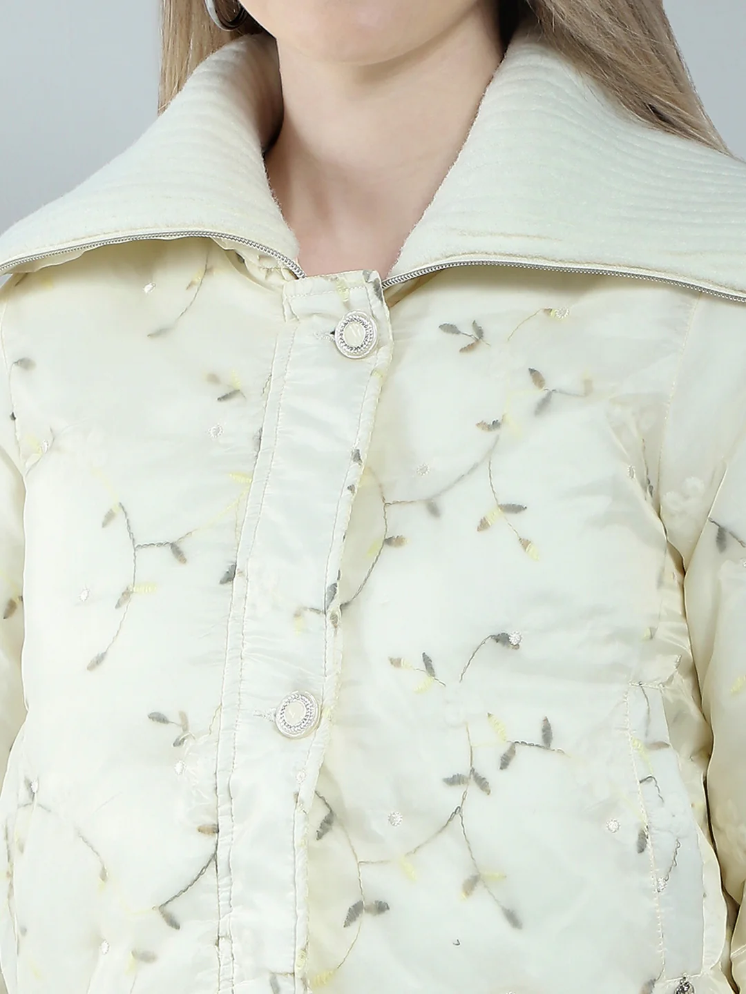 Women Off White Embroidered Collar Full Sleeve Jacket - Image 6