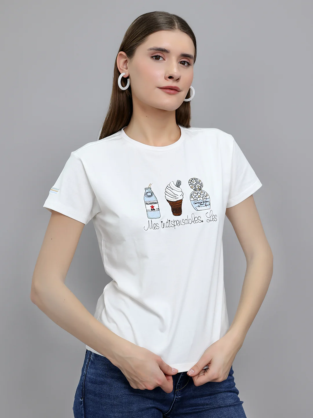 Women Off White Embroidered Round Neck Half Sleeve Top - Image 3
