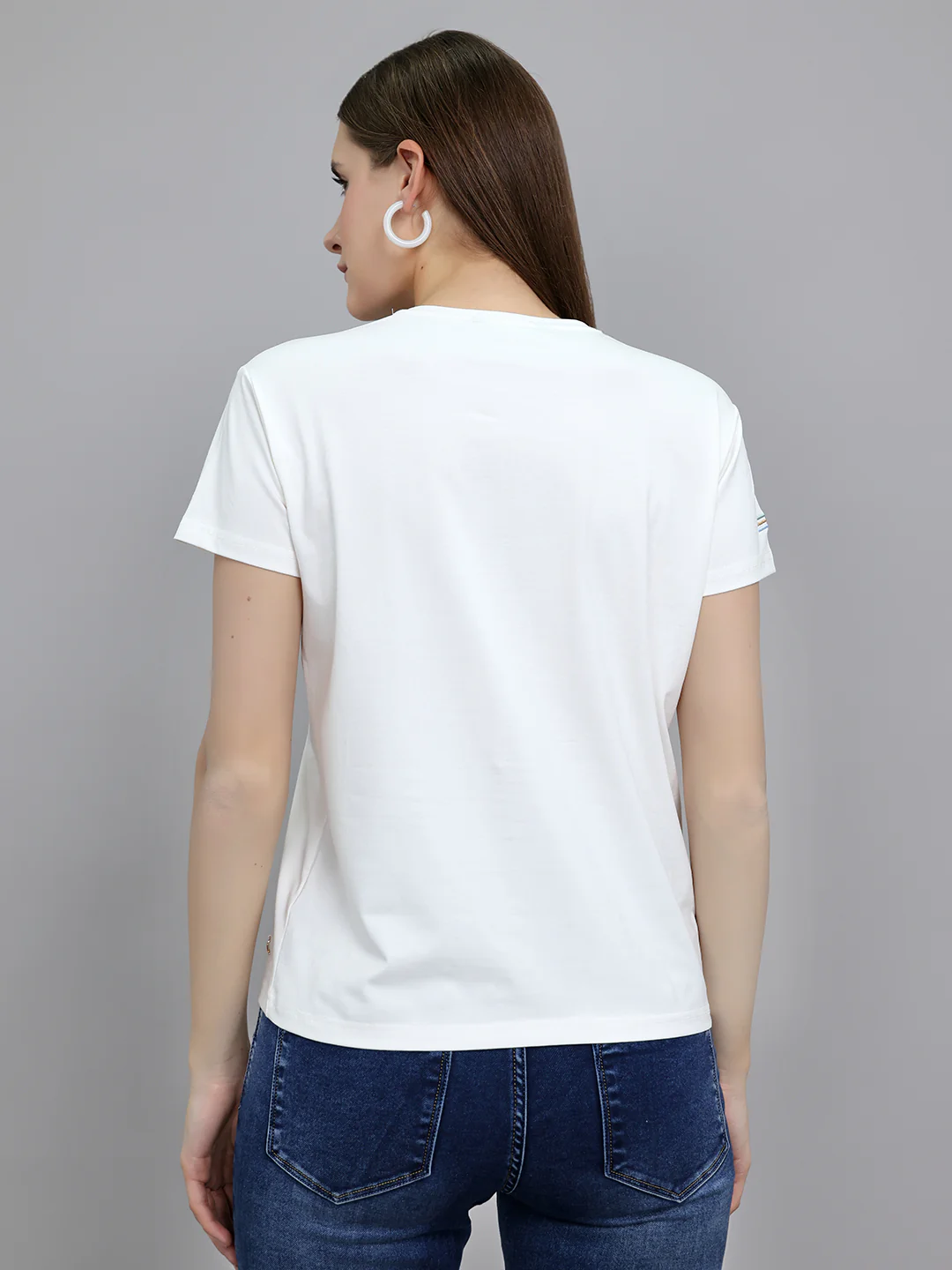Women Off White Embroidered Round Neck Half Sleeve Top - Image 4