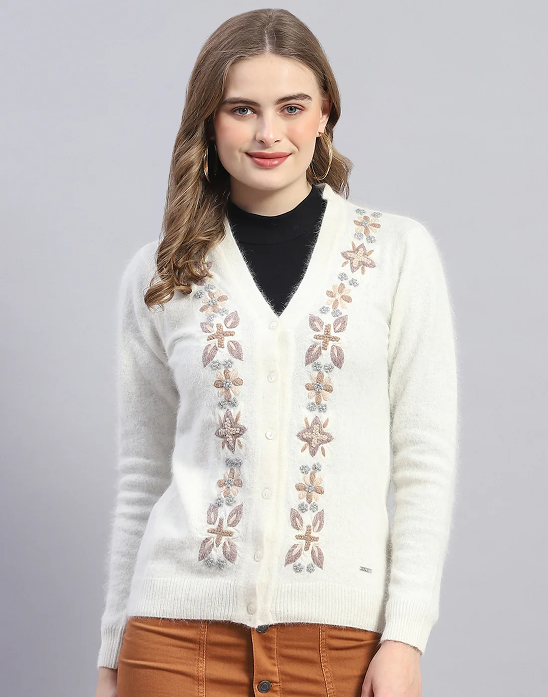 Women Off White Embroidered V Neck Full Sleeve Cardigan - Image 2