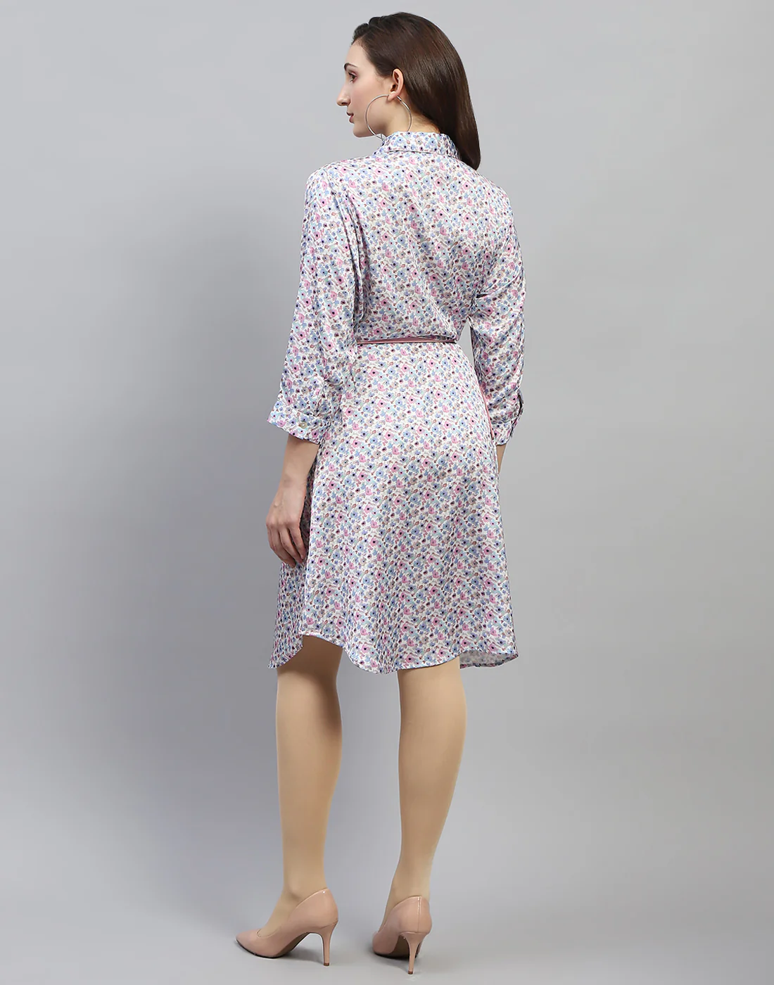 Women Off White Floral Print Collar Neck 3/4 Sleeve Dress - Image 6