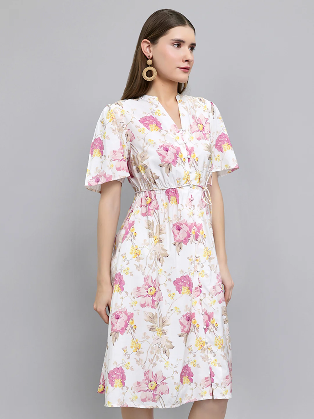 Women Off White Floral Print Front Open Half Sleeve Dress - Image 3