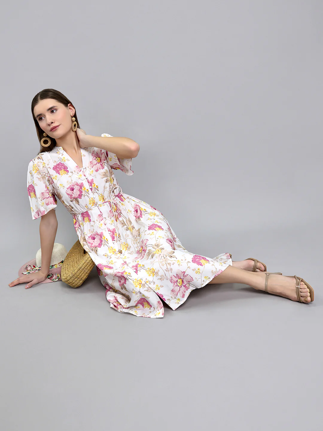 Women Off White Floral Print Front Open Half Sleeve Dress - Image 6