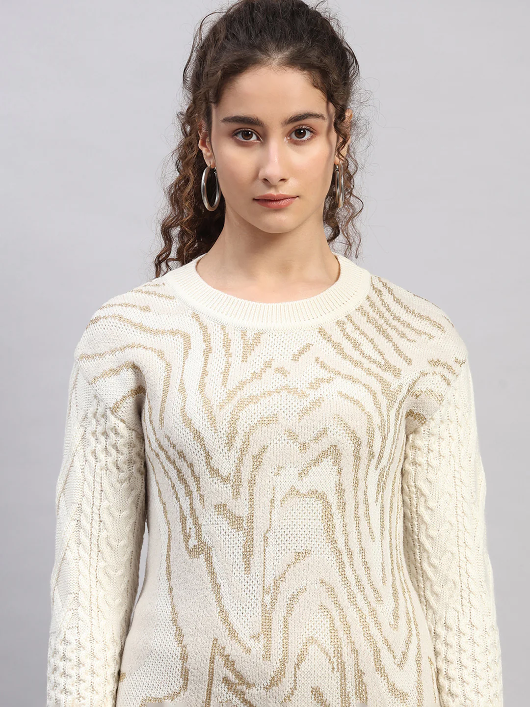 Women Off White Jaquard Round Neck Full Sleeve Cords Set - Image 6