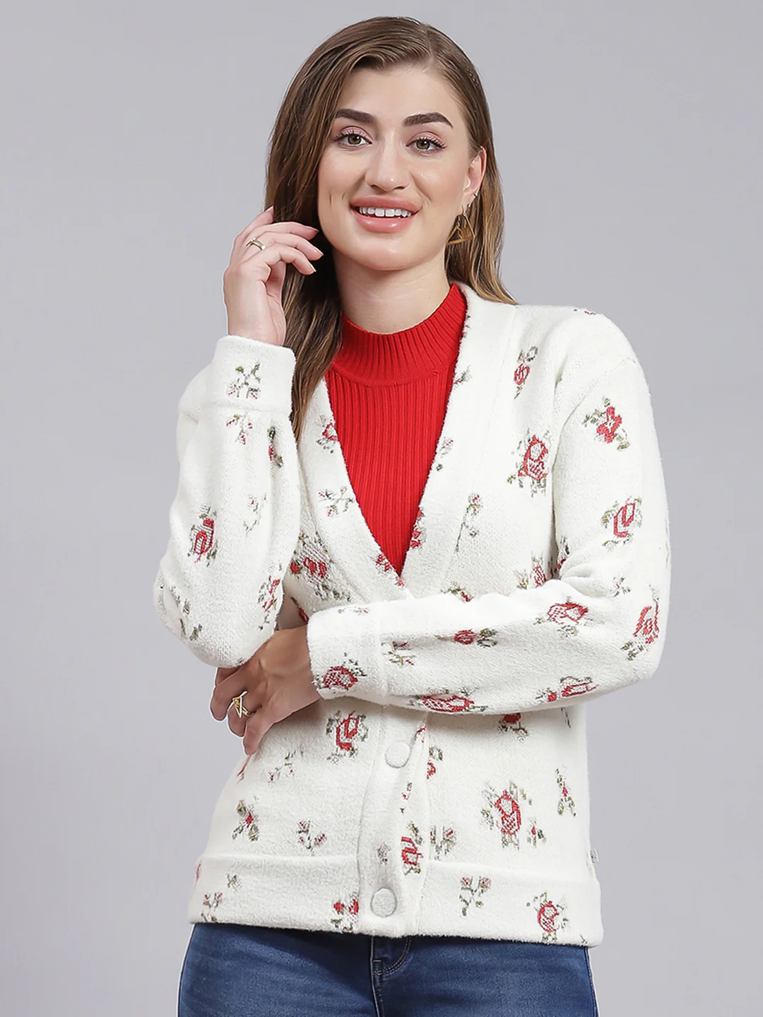 Women Off White Jaquard Wool blend Cardigan