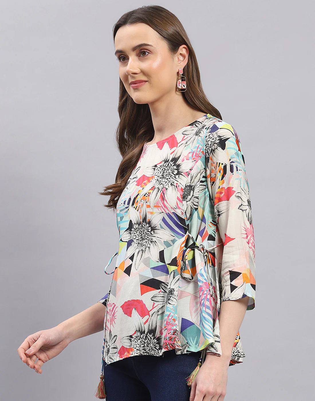 Women Off White Printed Boat Neck 3/4 Sleeve Top - Image 3