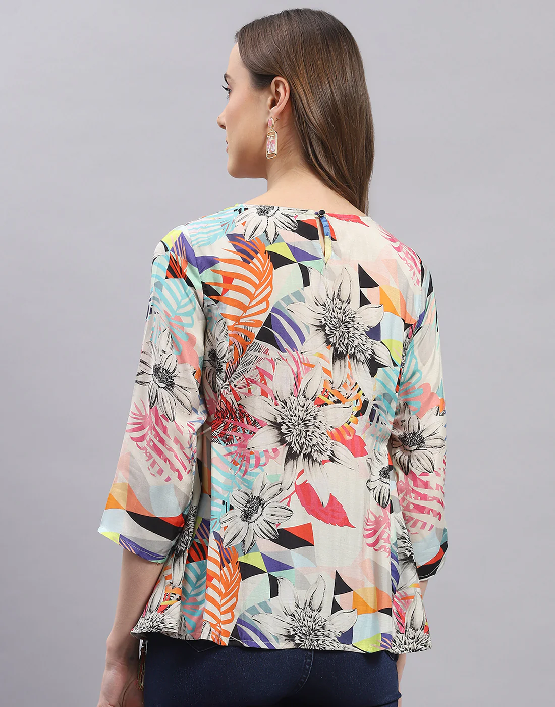 Women Off White Printed Boat Neck 3/4 Sleeve Top - Image 5