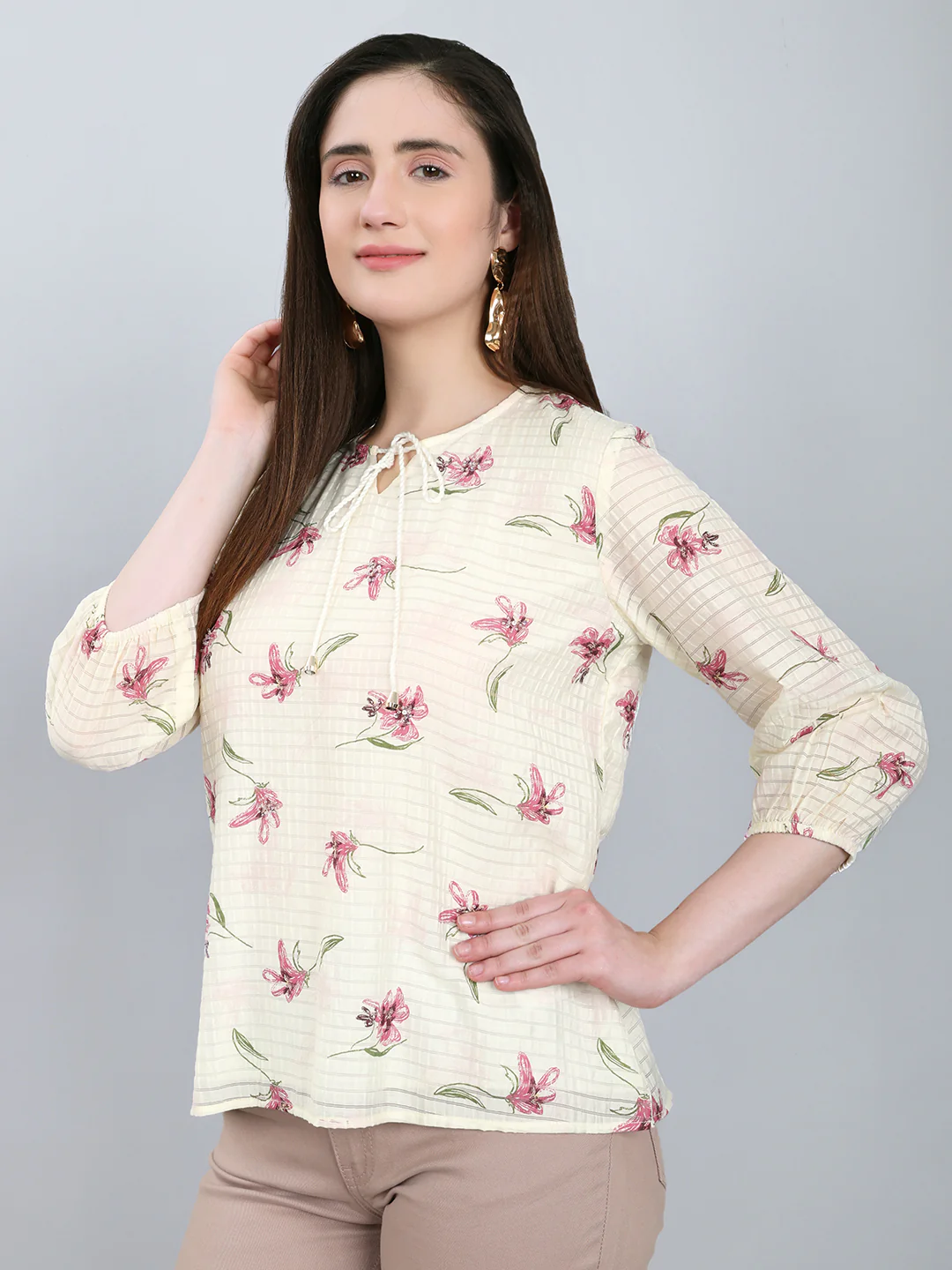 Women Off White Printed Fashion Neck 3/4th Sleeve Top - Image 2