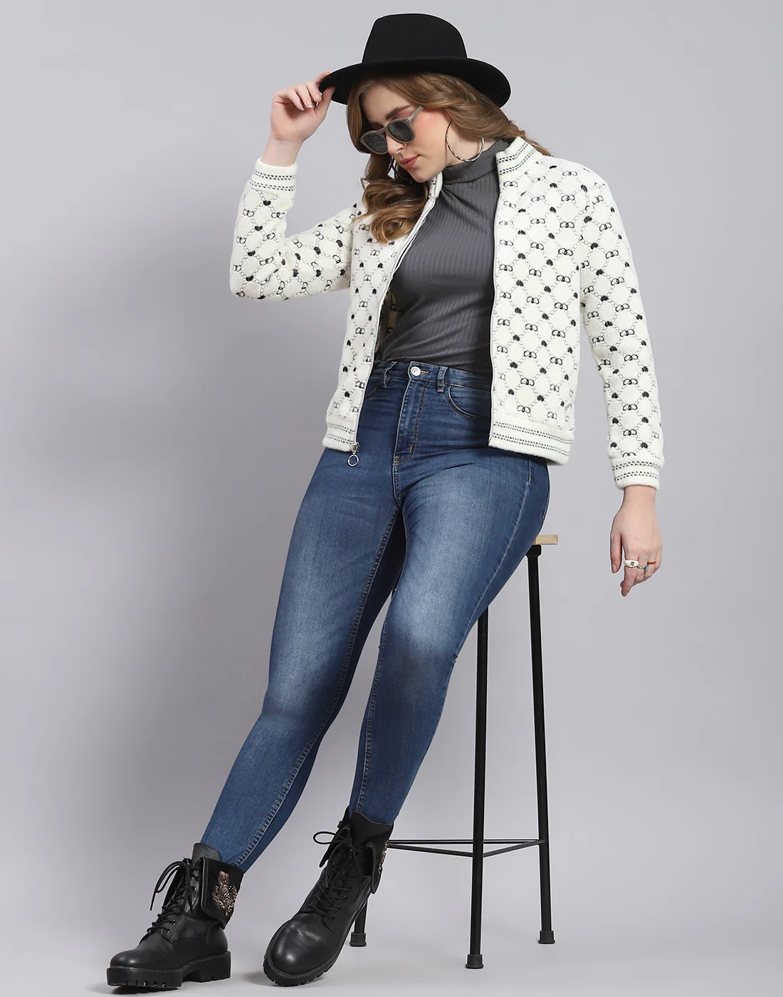 Women Off White Printed H Neck Full Sleeve Sweatshirt - Image 3