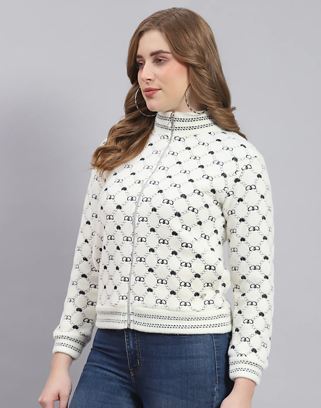 Women Off White Printed H Neck Full Sleeve Sweatshirt - Image 4